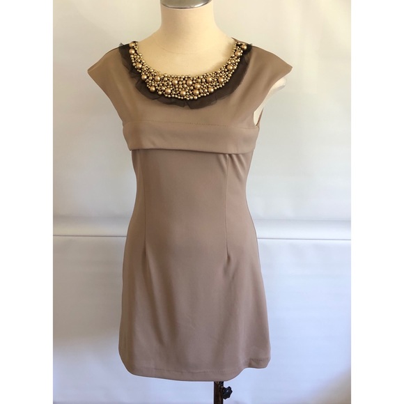 Petites Friendly Tan Mini Dress with Beaded Neckline - Picture 6 of 10